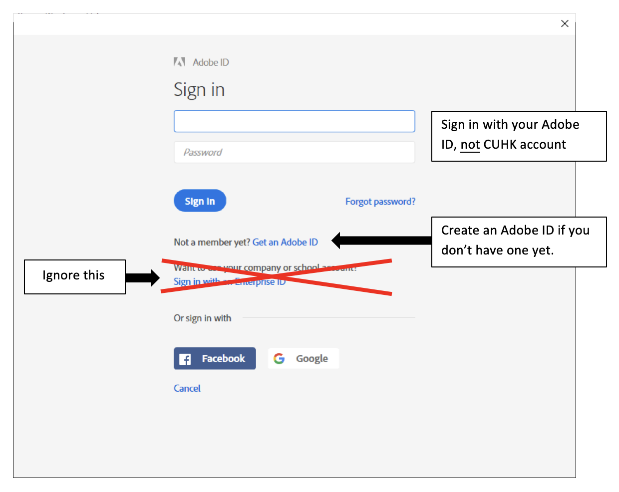 Adobe ID sign in screen